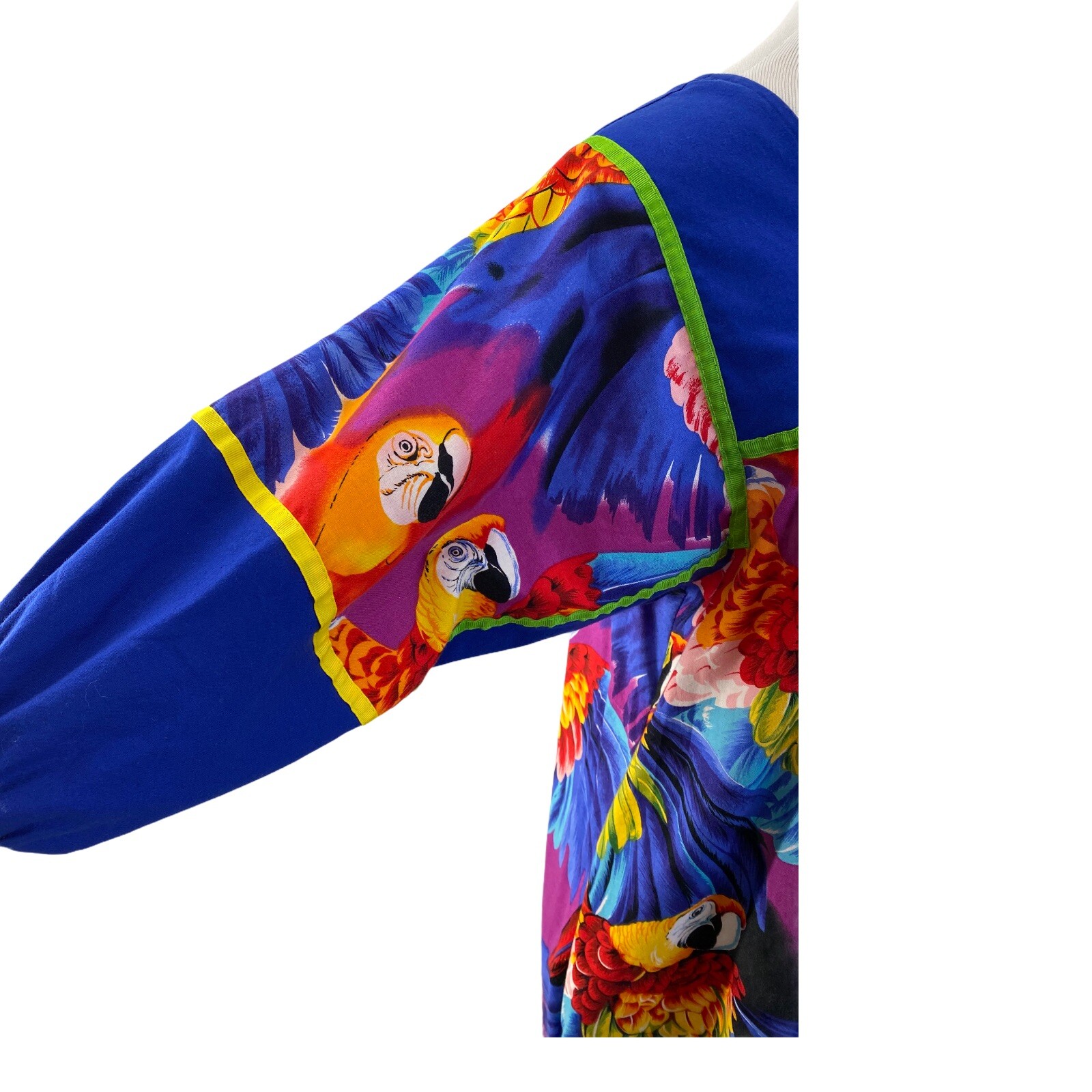 Vintage Krist Gudnason Blue Red Parrot Print MuMu Kaftan Dress Tiki Bird Rare M