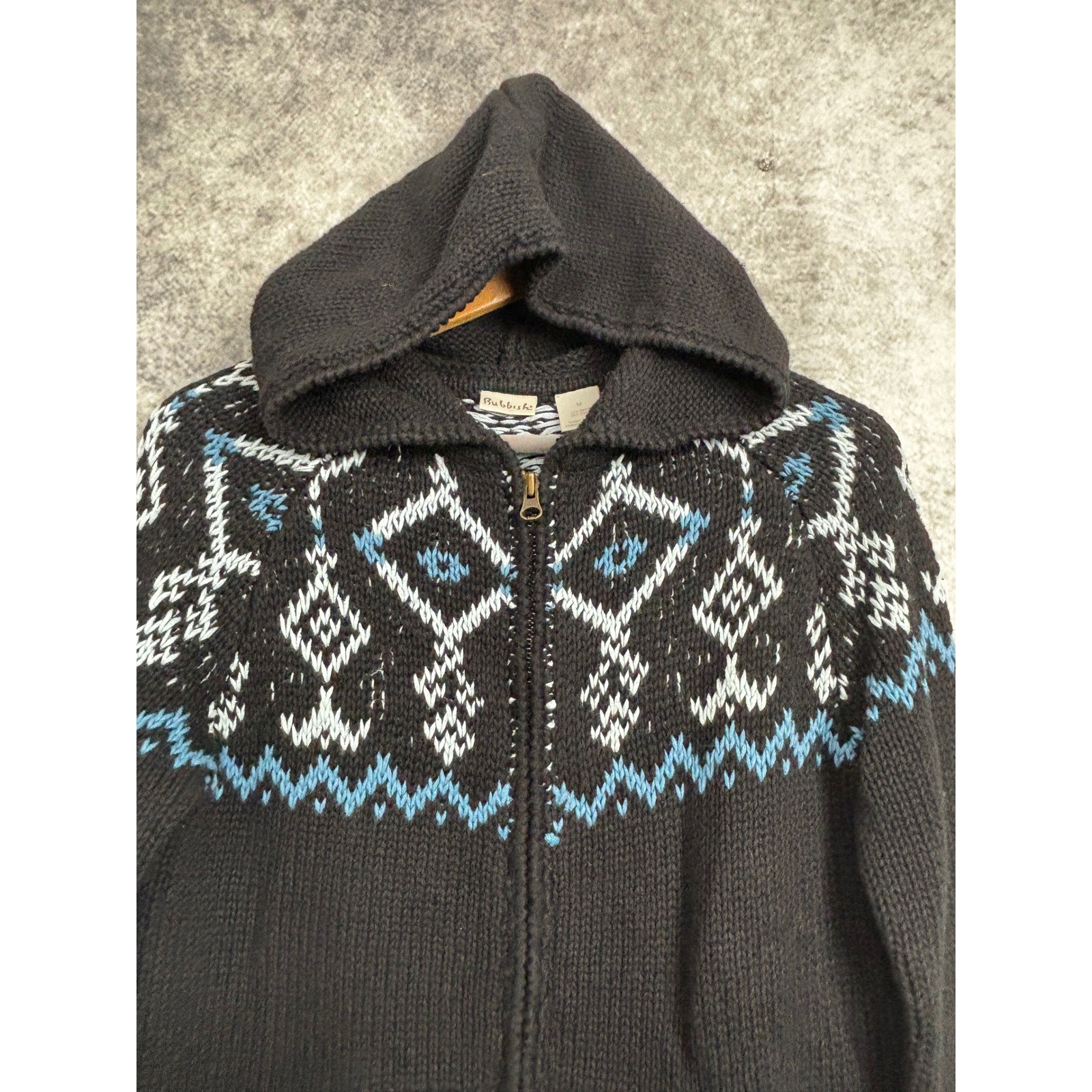 Vintage 90’s Rubbish Hooded Fair Isle Full Zip Knit Sweater Ramie Cotton Medium