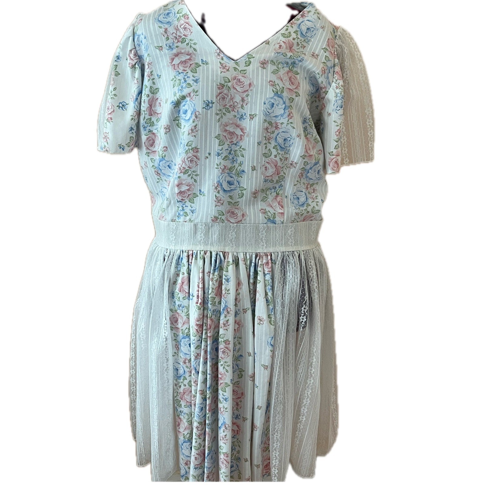 Vintage Handmade Floral Lace Cottagecore Dress Pink Blue Rose Stripe V-Neck Sz M
