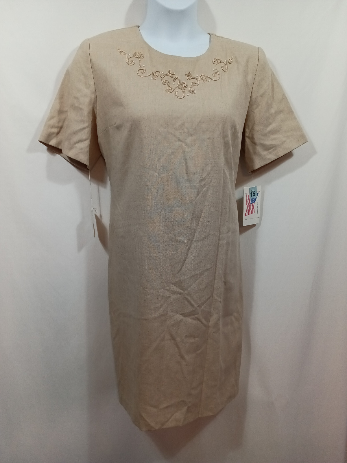 Vintage NEW Linen Dress Size 16 Beige Shift Made USA Lagenlook TAGS Crewel Neck
