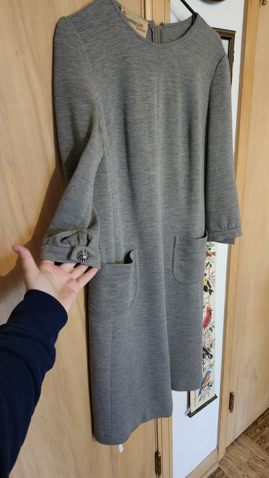 Vintage 1960s Medium Large Nantucket Knitters Gray Shift Dress Pockets