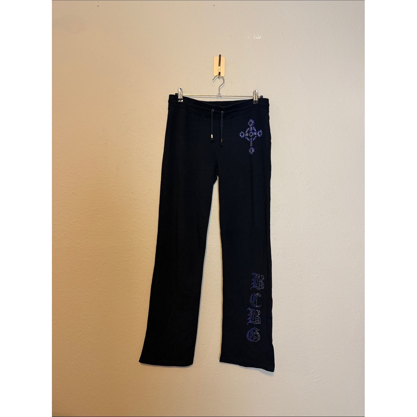 BCBG MaxAzria Vintage Y2K Black Bling Flare Leg Sweatpants Size Large Low Rise