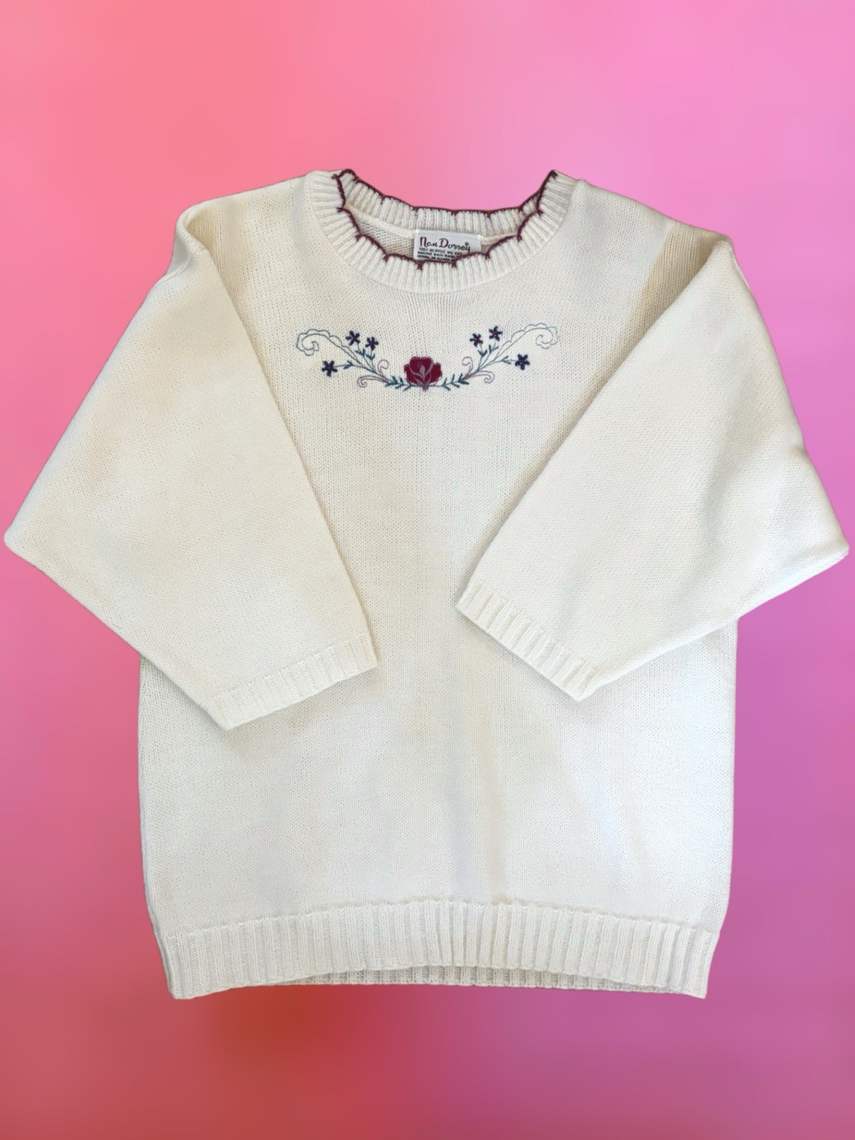 Vintage 1970s Nan Dorsey Cream Acrylic Knit Sweater Flower Embroidery – Medium