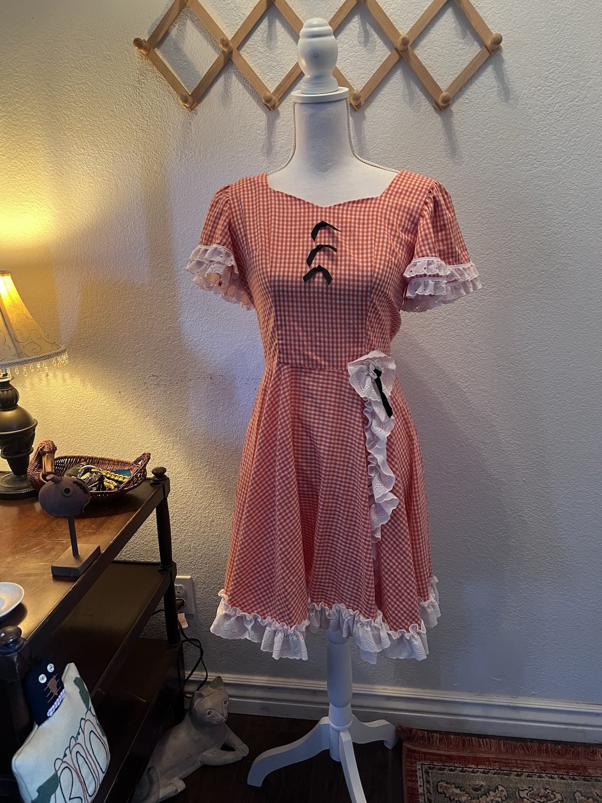 Vintage 1960s Orange and White Gingham Checked Square Dance Costume Dress