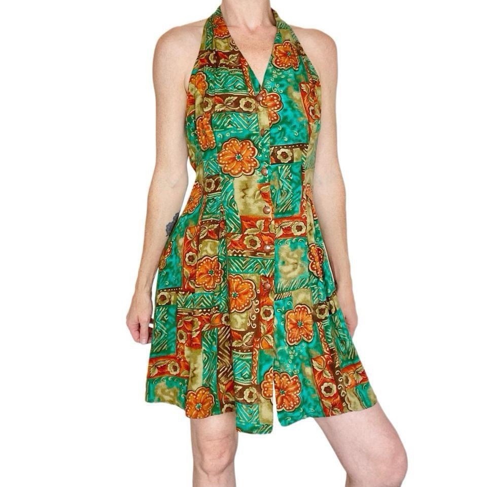Vintage 90’s Joni Blair Teal & Orange Floral Sleeveless Mini Dress