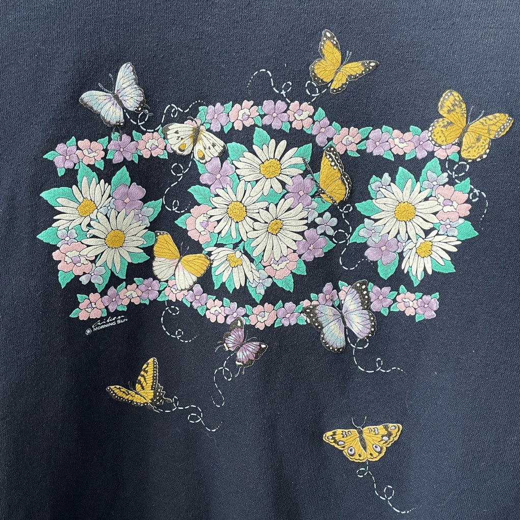 Vintage 80s Layered Look Graphic Sweatshirt Flowers Butterfly L
