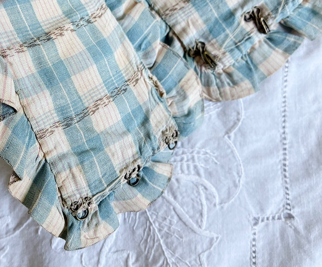 Antique 1800’s Ladies Gingham Bodice w Cummerbund & Stays ~ Mutton Sleeves XXS