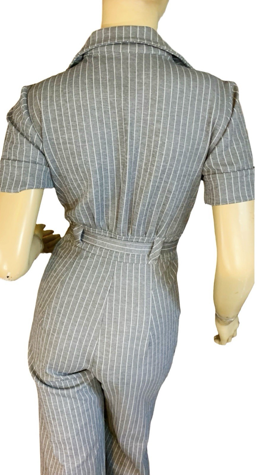 VINTAGE CIRCA 1970’S GRAY & WHITE UNION MADE PINSTRIPE BELL BOTTOM JUMPSUIT SZ S