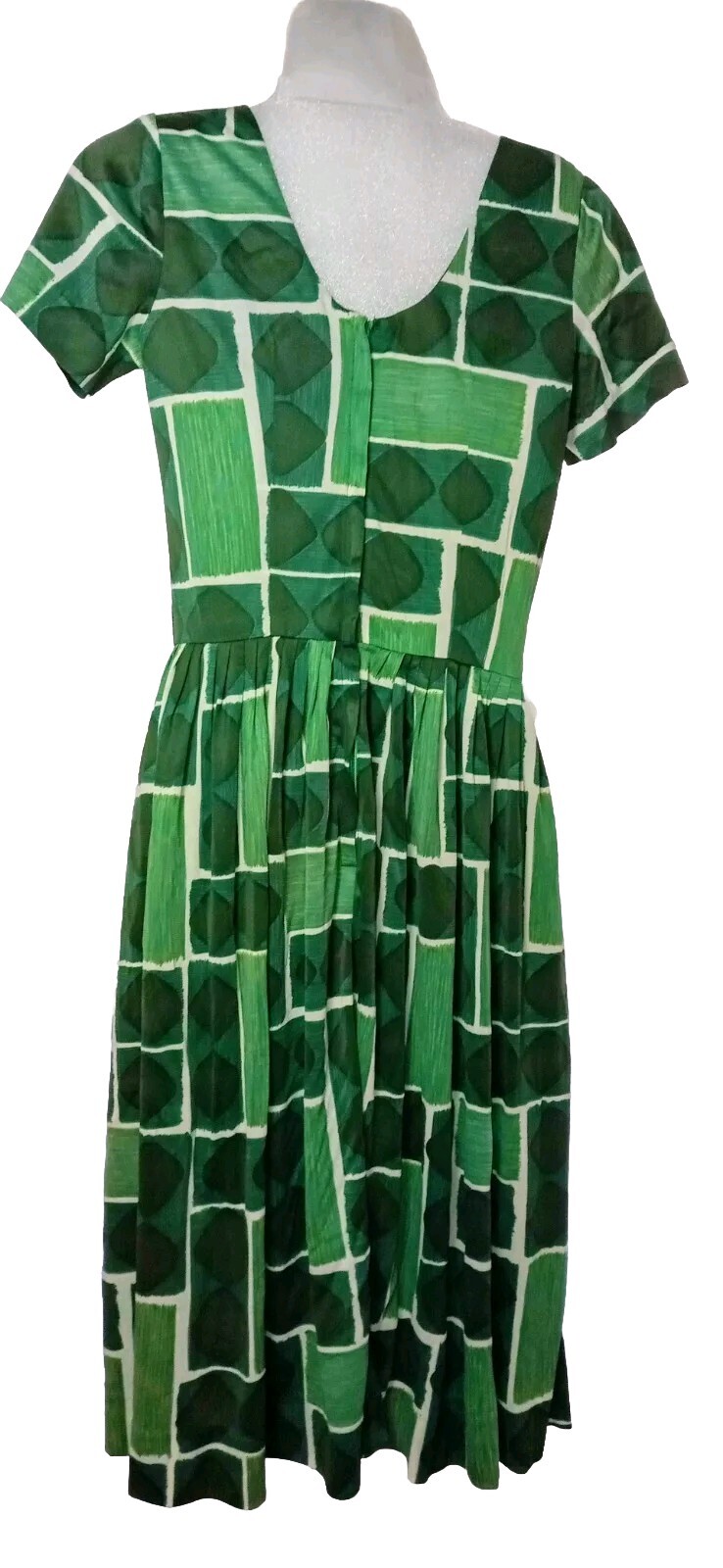 Vintage 60s Size 12 Geometric Nylon Zip Dress Gathered Pleated Skirt belt Loops