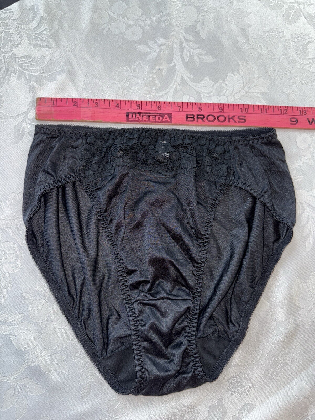 Vtg Panties High Cut Nylon Bali Brief Planets Circles Records on Lace Black L 7