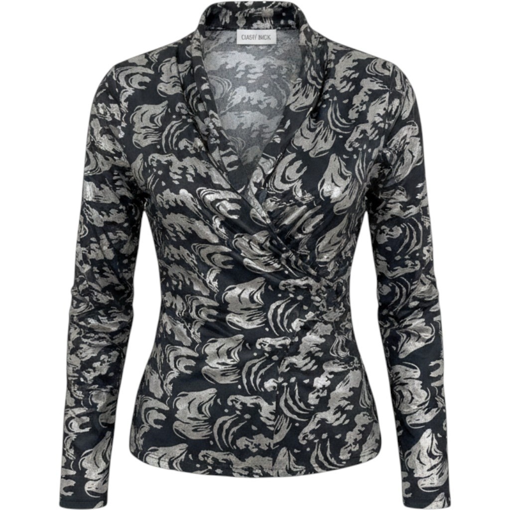 Carry Back Blouse Women 10 Black Silver Metallic Foil Abstract Vintage Glam Top