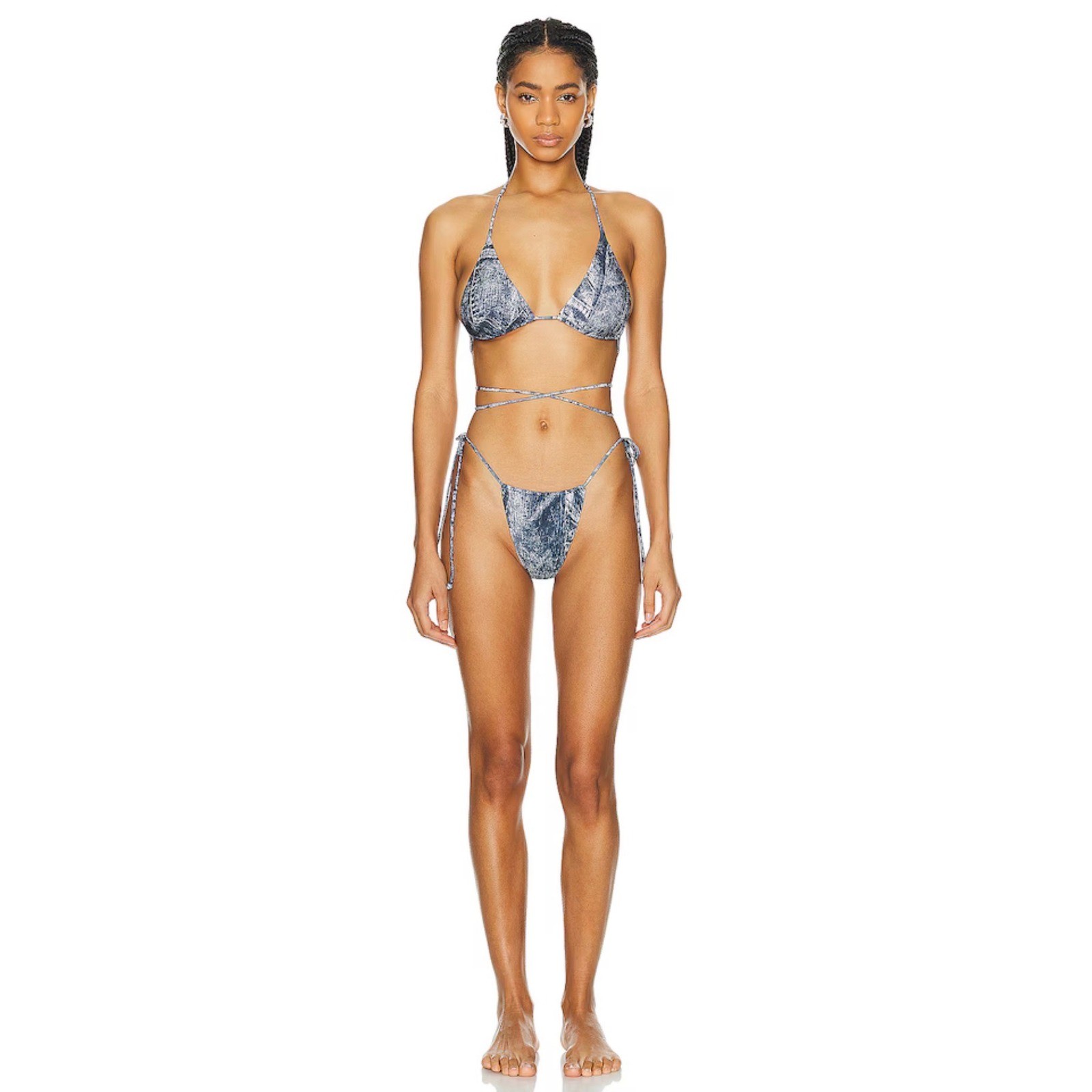 NWT Norma Kamali Criss Cross Bikini Set Denim Print Triangle Tie High Cut XS