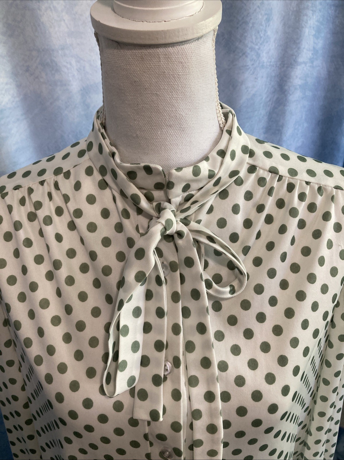 Handmade 70s Style Polka Dot Pussybow Secretary Blouse Sage Green White Fits XS