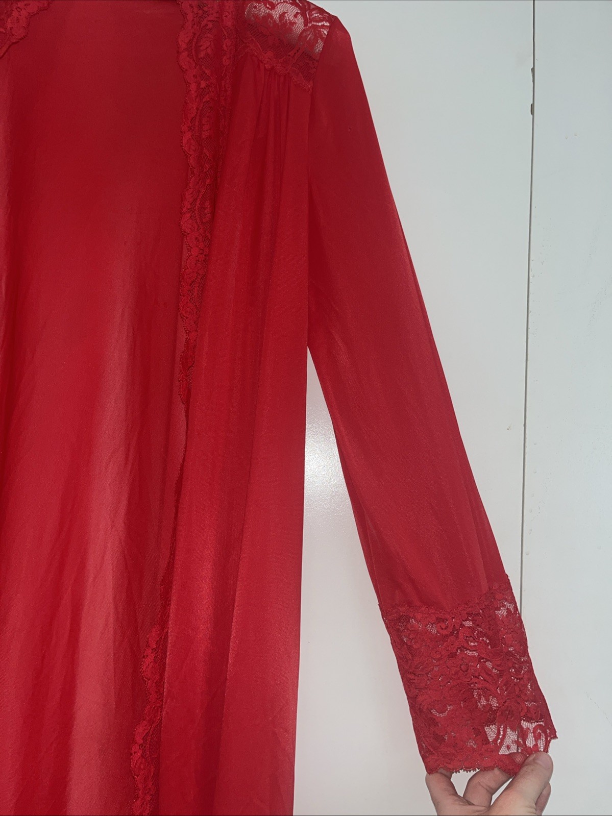 VTG OLGA Red Satin Robe Lace Trim Medium Style 9702 Long Nightgown Peignoir