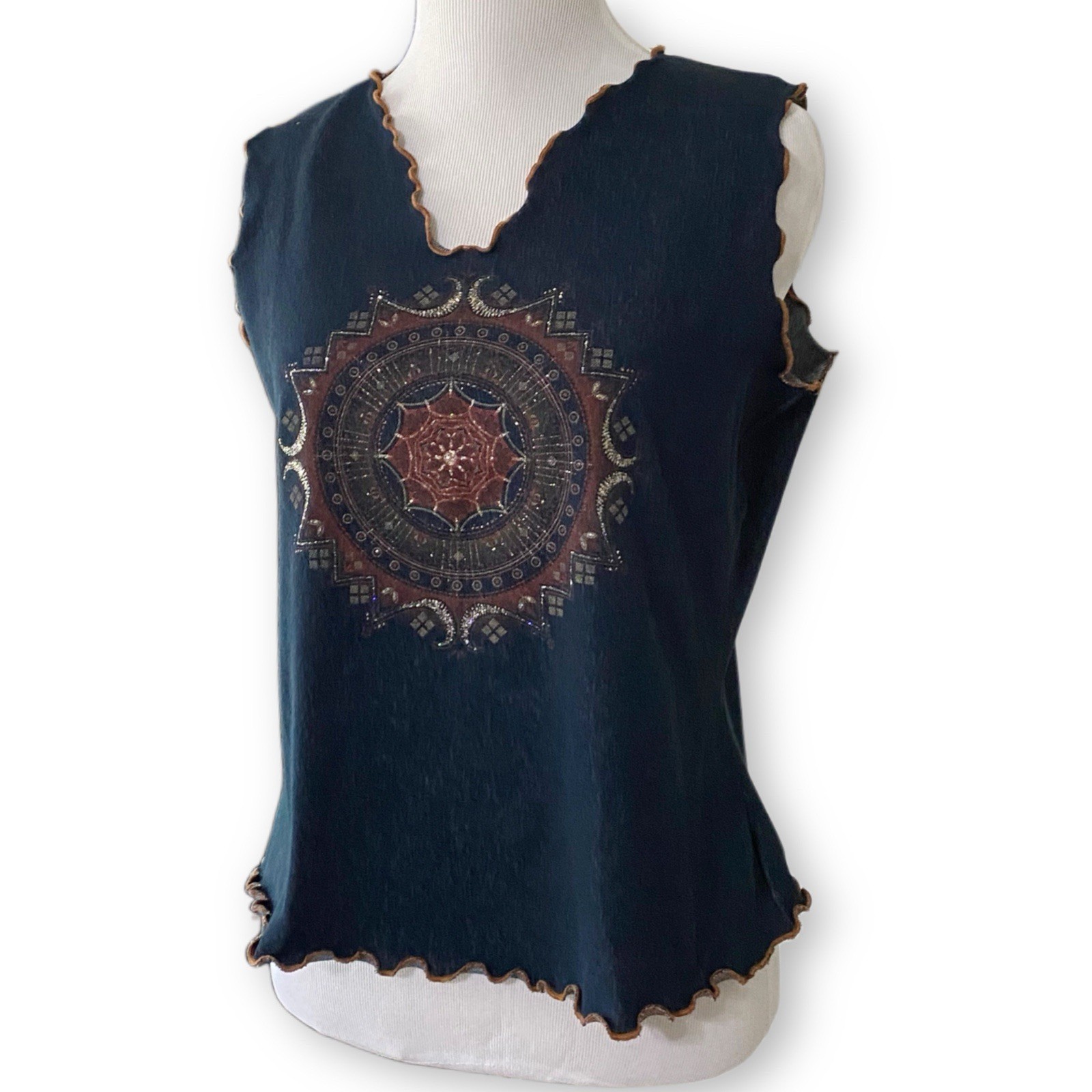 Fashion Bug XL Vintage Boho Mandala Sleeveless Lettuce Edge Hem Denim Blue Shirt