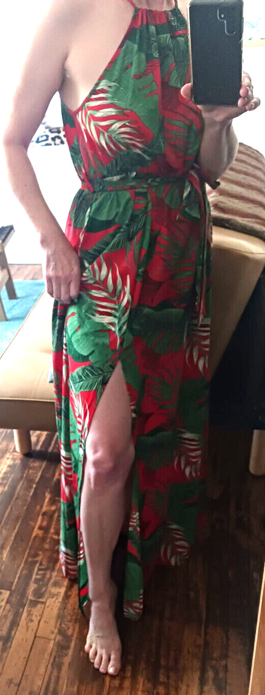 Vintage Red and Green Tropical Print Maxi Sundress, Halter, Size M