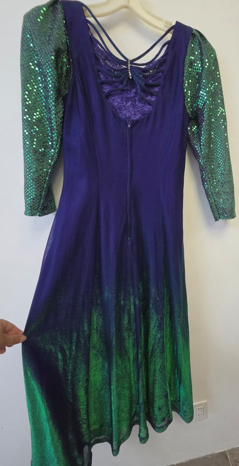 Vtg Purple Green Metallic Foil Dress Sequin Long Sleeve Dance Costume Showgirl