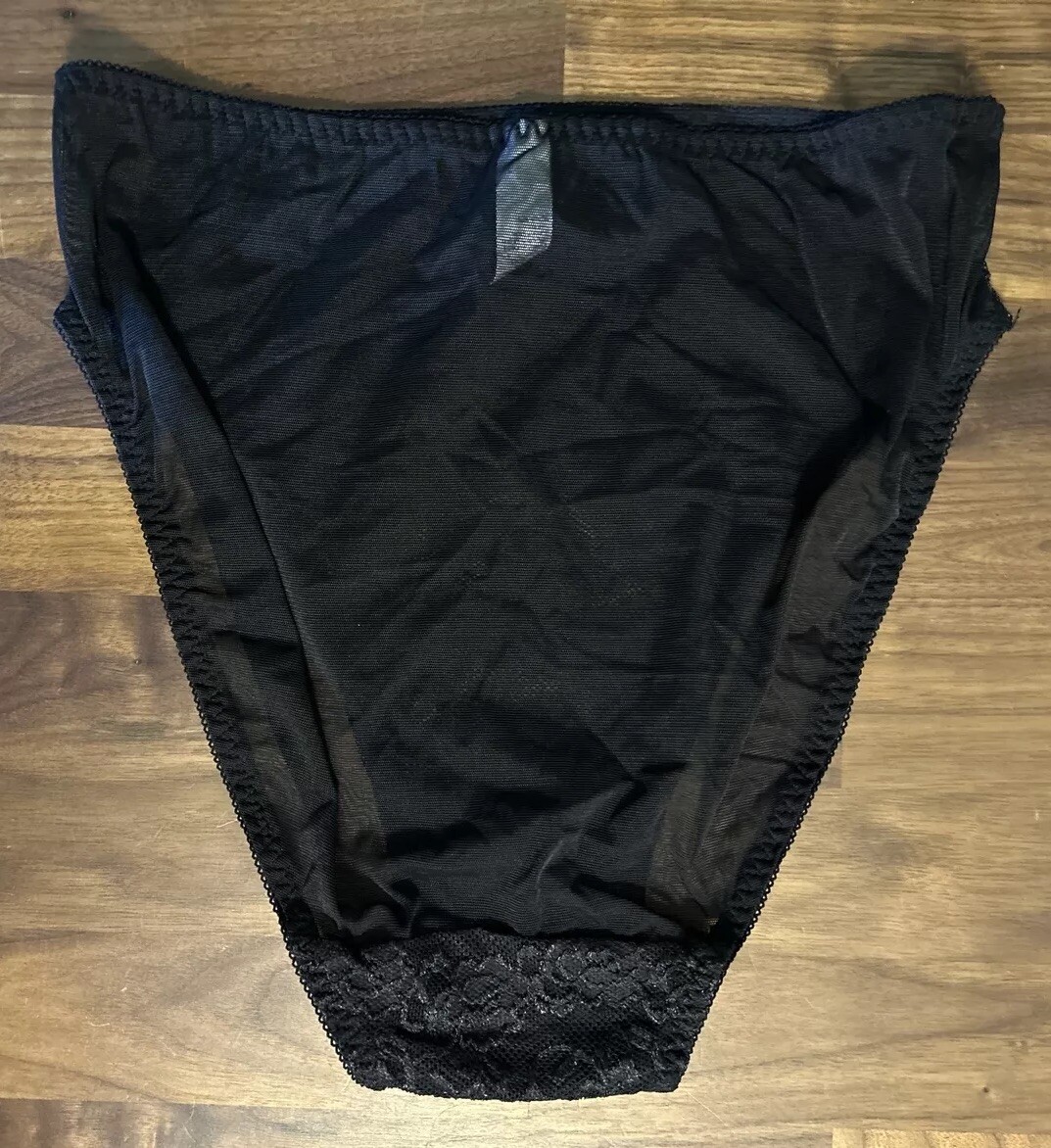Vtg. Fashion Bug String Bikini Panties Size 8 lace floral mesh hi cut Black
