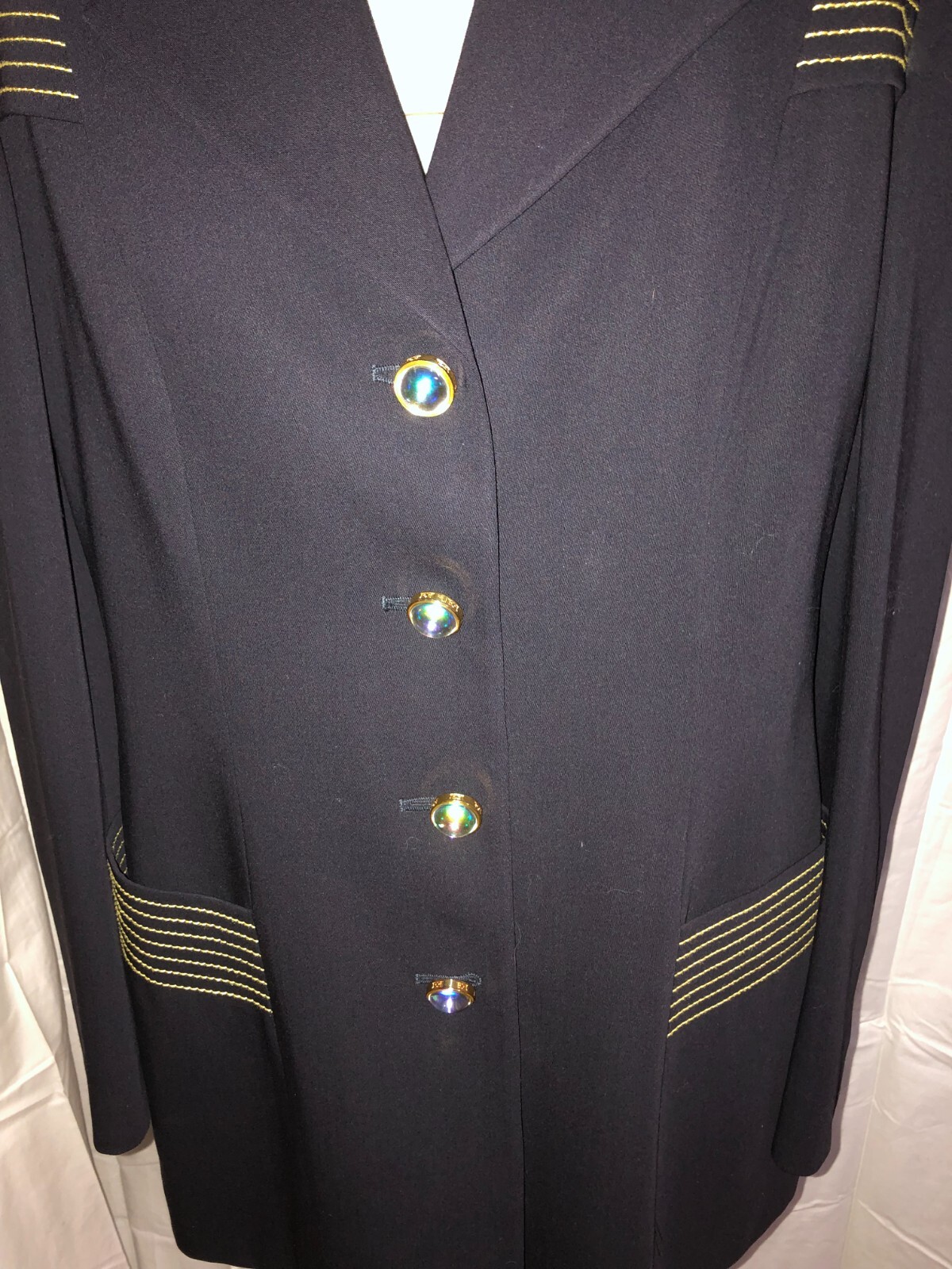 Escada Margaretha Ley Shoulder Pads VTG Navy Blue Gold Thread Blazer Jacket 35
