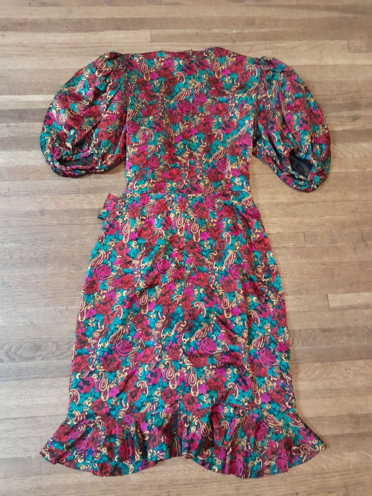 Vintage 80s Silk Feminine Elegant Ruffle Hem Puff Sleeve Sz 8 Floral Midi Dress