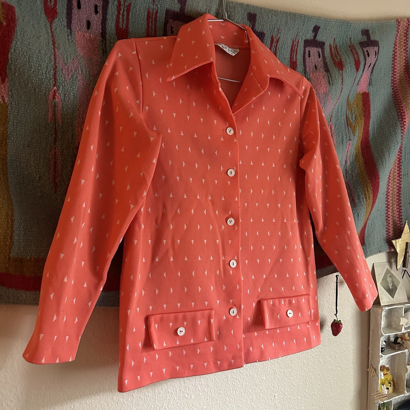 Vintage 70’s NPC Fashions Dagger Collar Triangle Salmon Orange Shirt Shacket M