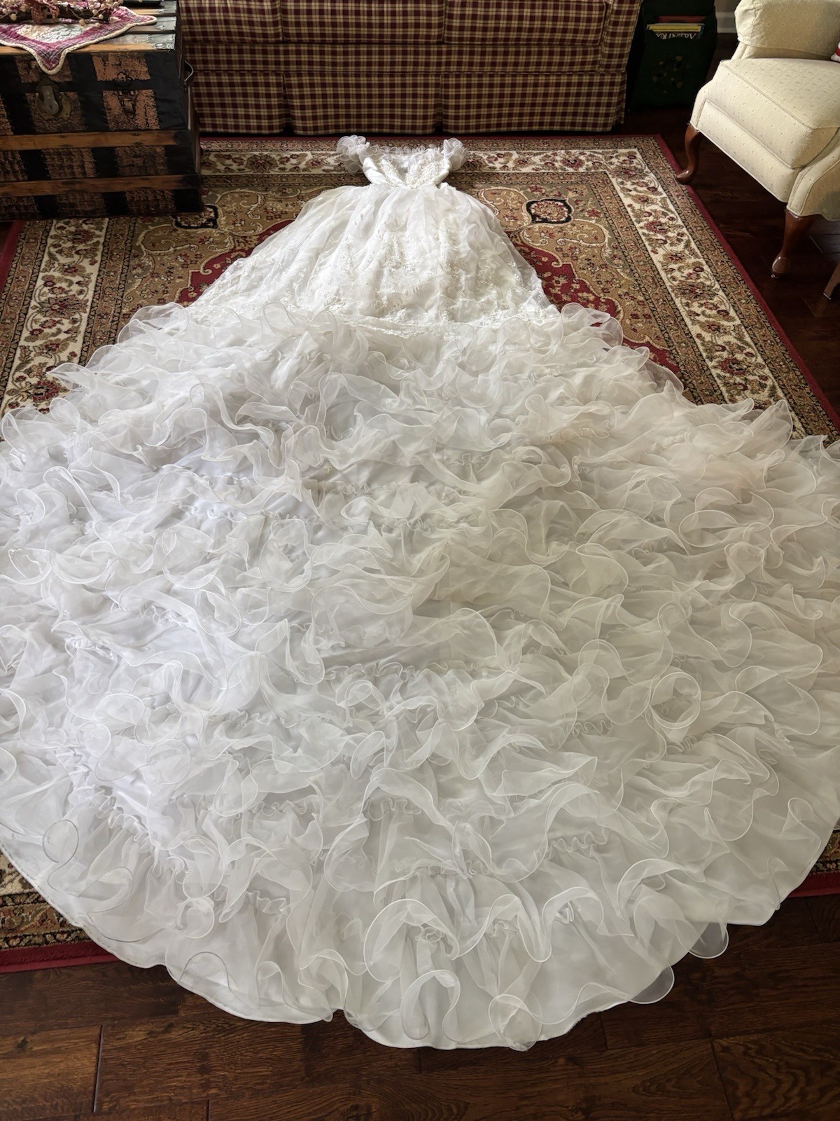 Vtg 90’s Era Bridal Wedding Gown Multi Layers Ruffles Embroidery Pearls & More