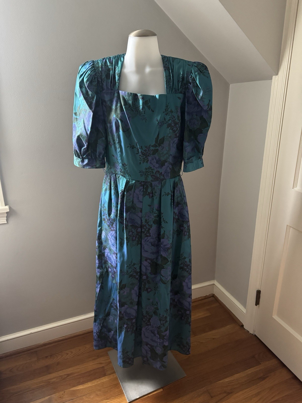 Vintage Women’s Lamz Originals Green Floral Dress Square-Neck Puff Sleeve 12