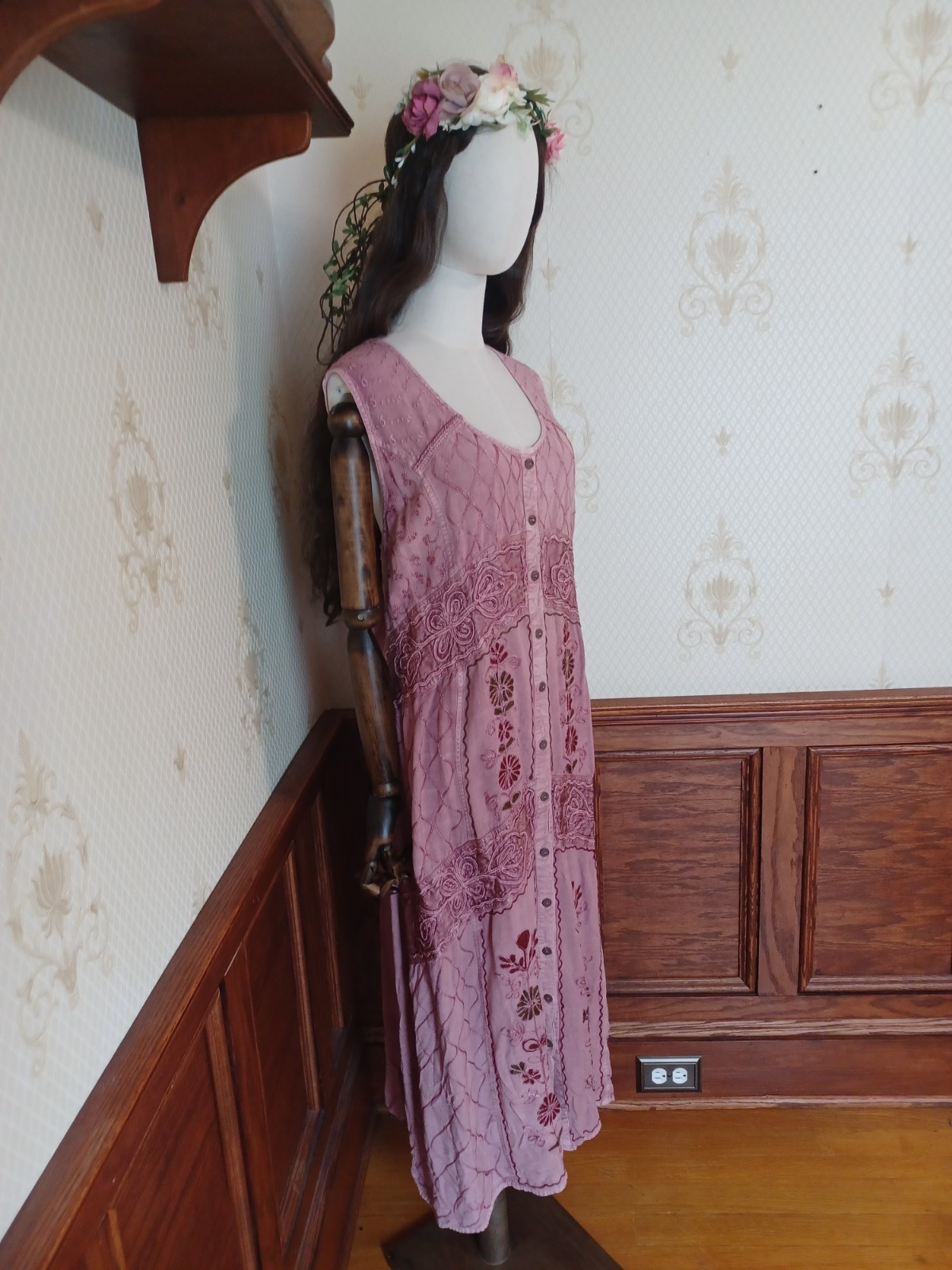 Vintage Pyramid Collection Rose Fairycore Boho Festival Embroidered Dress, 2X