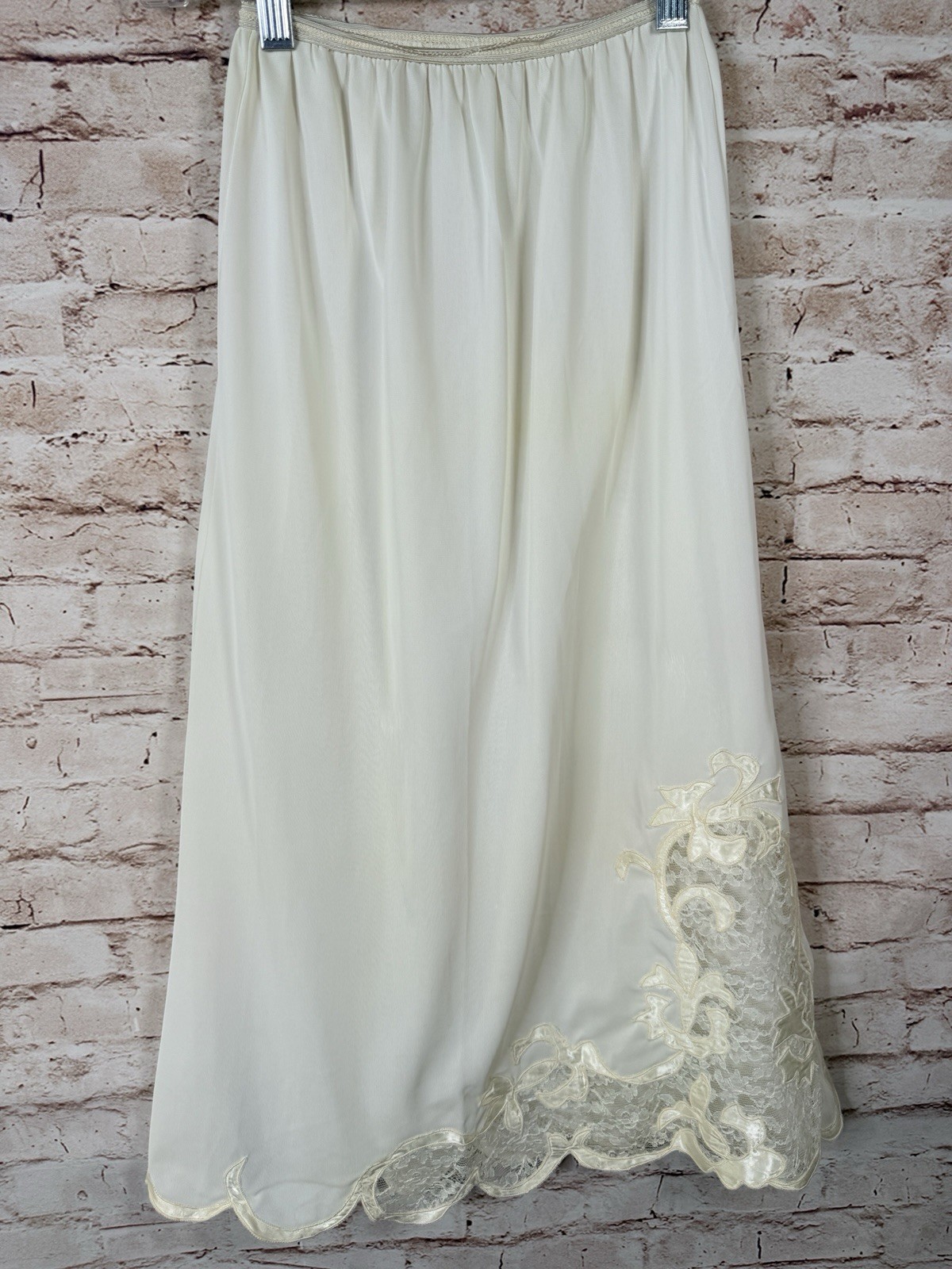 Vintage CHELSEA Ivory Half Slip Skirt Semi Sheer Lace Work Slit Scalloped Hem S