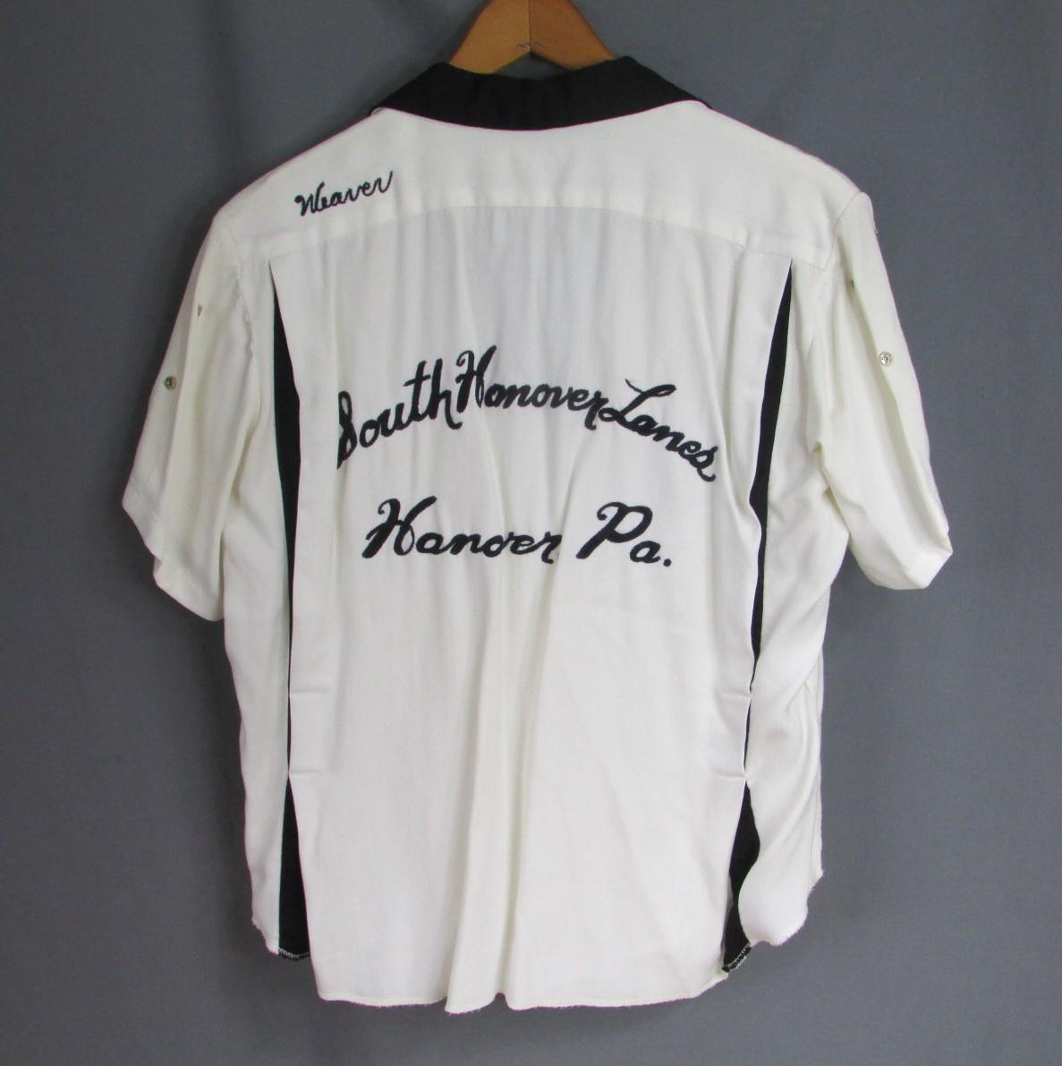 Vintage 1950s King Louie Bowling Shirt Rayon Gab Wht/Blk South Hanover Lanes PA.