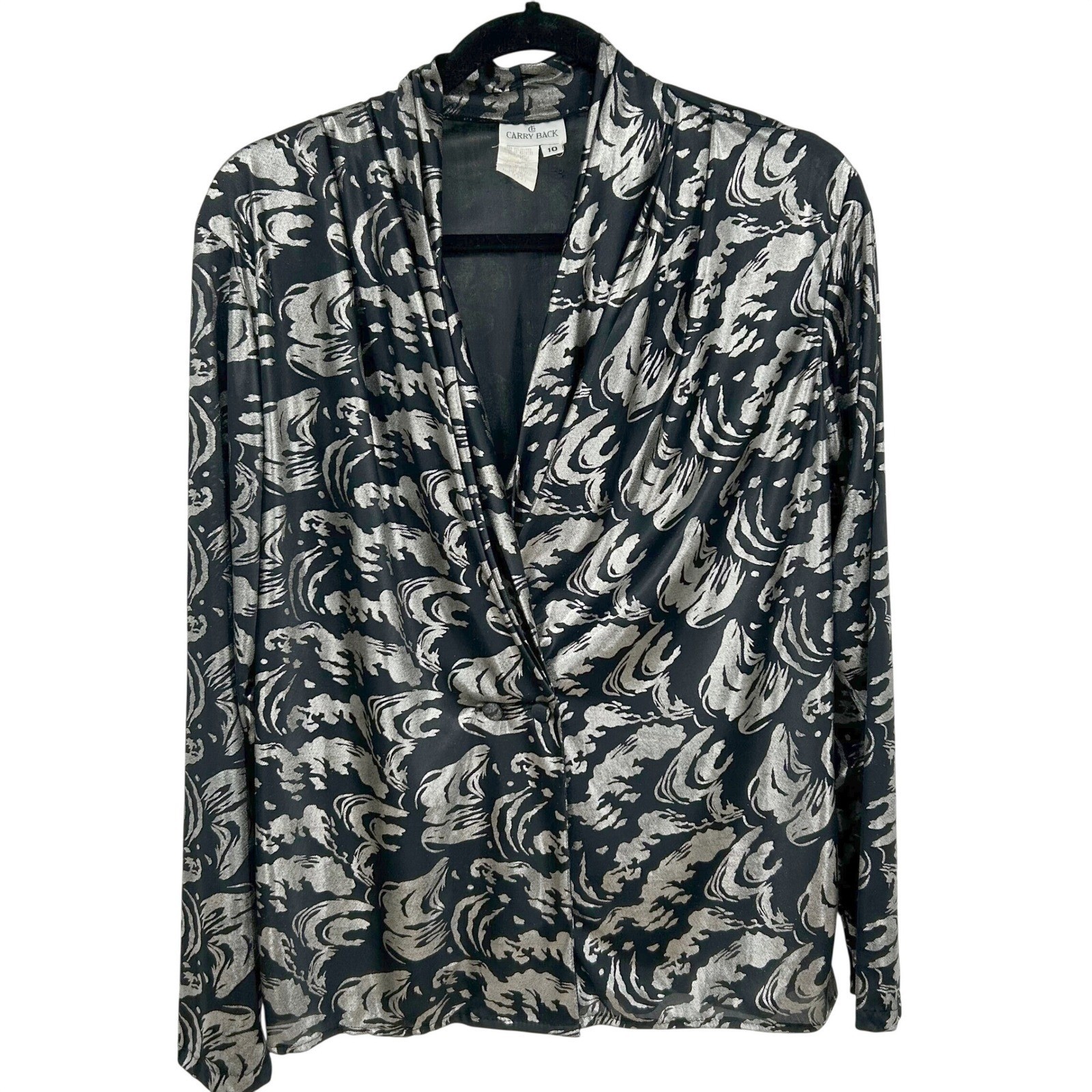 Carry Back Blouse Women 10 Black Silver Metallic Foil Abstract Vintage Glam Top