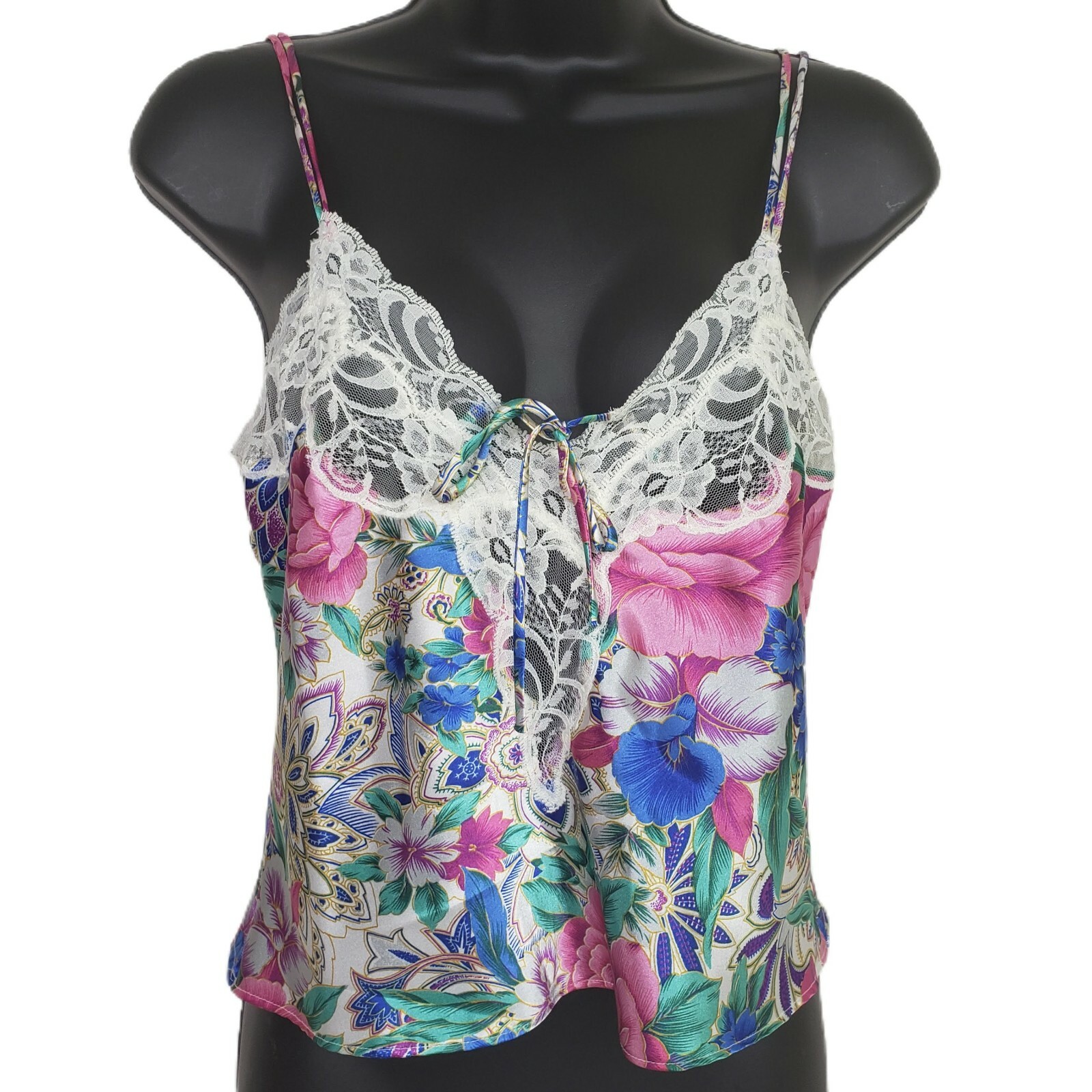 Vintage Victorias Secret Camisole P Floral Pink Blue Green Top Lace Gold Label