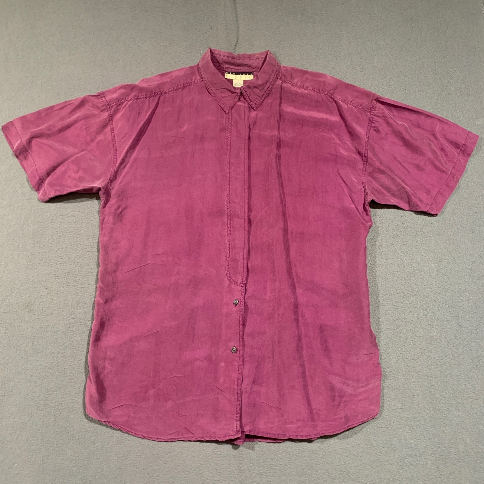 New York Studio Womens L Vintage 100% Silk SS Button Down Shirt Magenta Long
