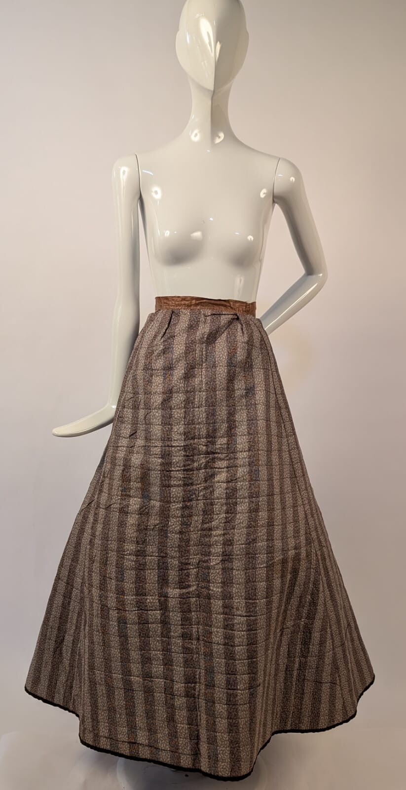 VICTORIAN 1870’S 2 PATTERN PRINT COTTON STRIPED QUILTED SKIRT 