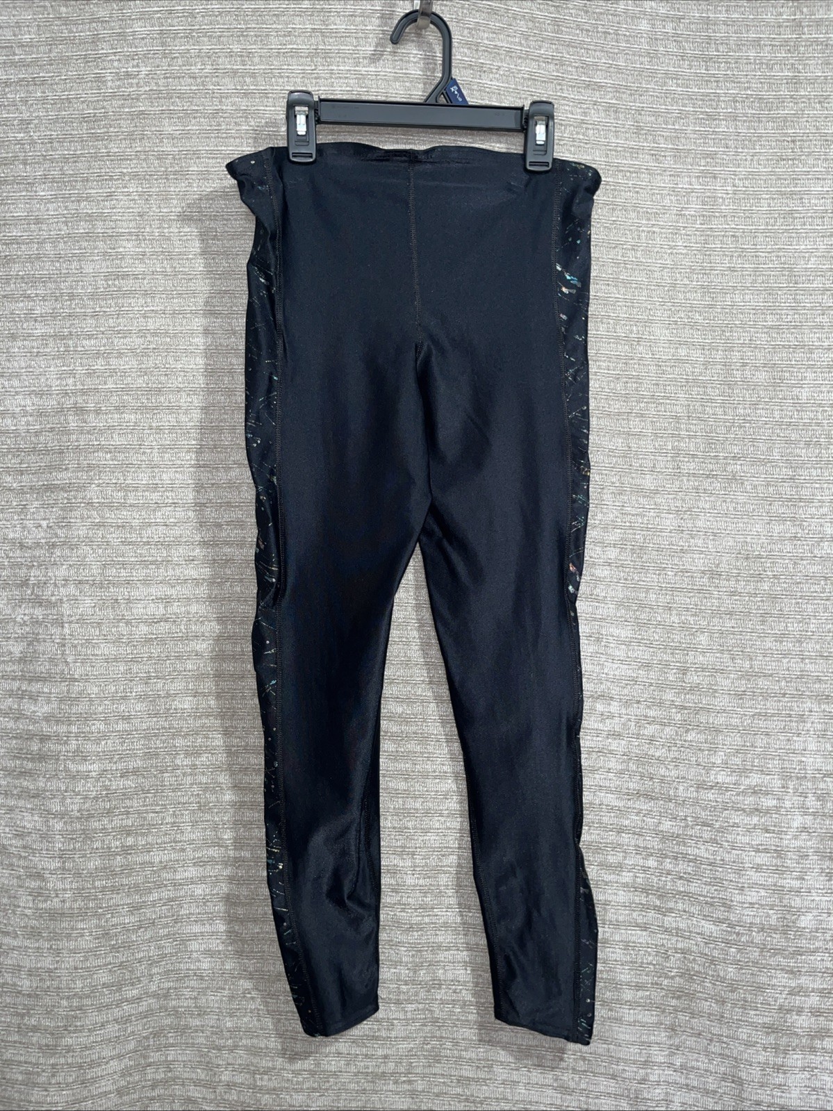 Vintage Black Satin Glitter Shiny Spandex Tight Disco Pants Dance High Waist M .
