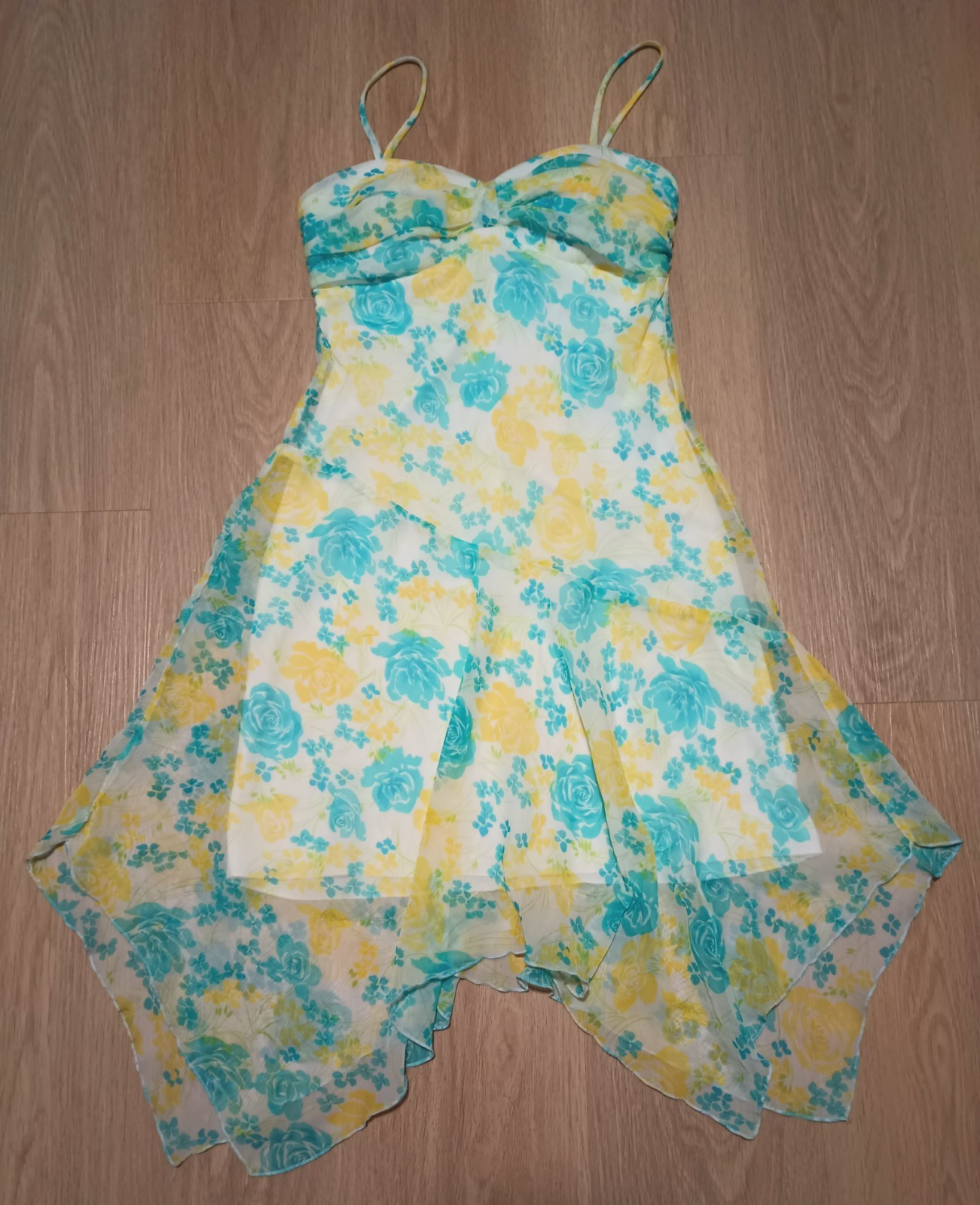 Vtg 90s WINDSOR Sheer Spring Floral Asymmetric Stretch Sun Dress beach summer 4