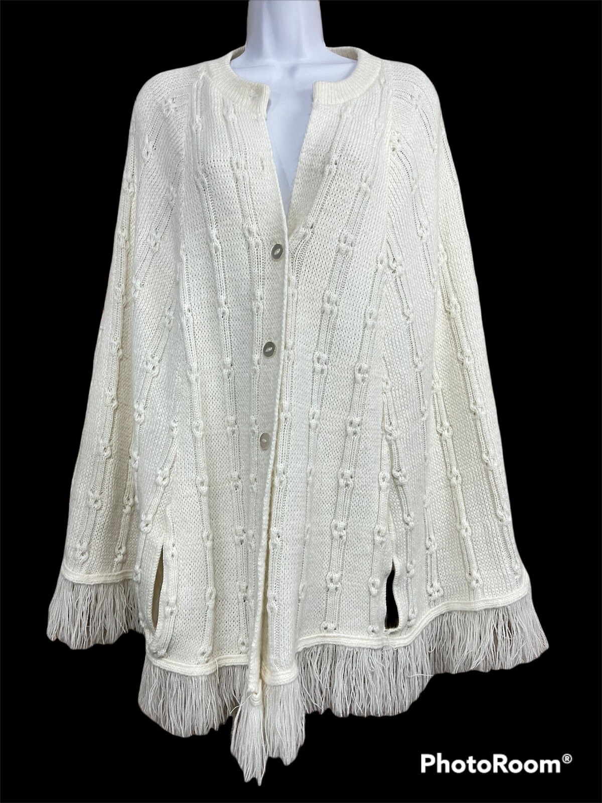 Vintage Boho Knit Fringe Shawl Cape Grannycore Lagenlook Cozy Festival Western