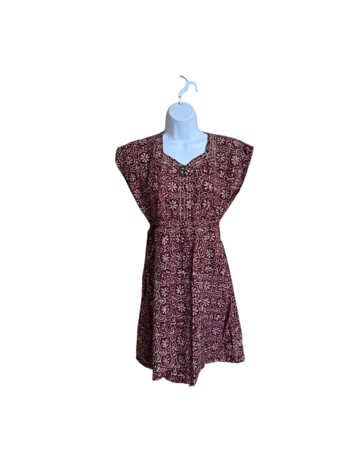 1960s Or 1970s Batik Dress Kamishimo Style Shouler Cap Sleeve Funky Print Sz S/M
