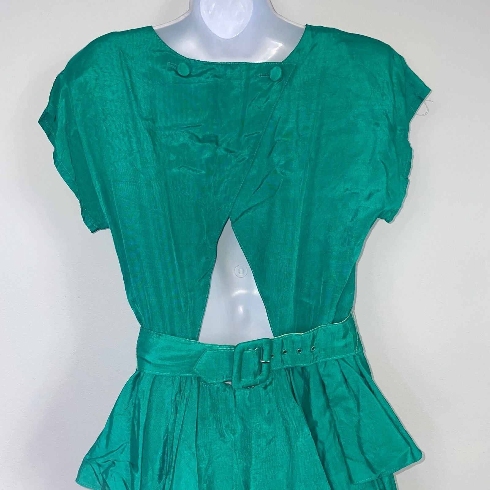 Vintage 80s Brioche Sheath Dress Womens M Green Short Sleeve Peplum