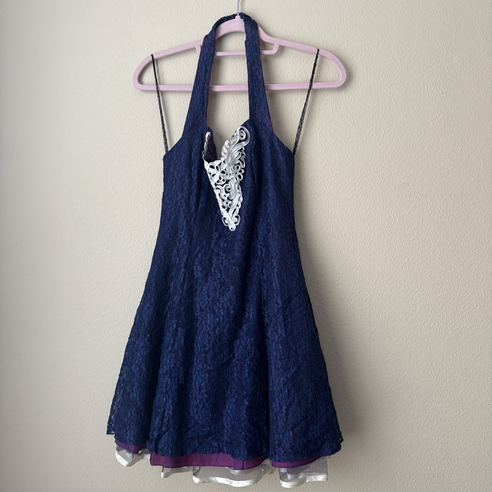 STEPPIN’ OUT WOMENS BLUE PURPLE VINTAGE MINI HALTER LINED DRESS SIZE 9 COCKTAIL