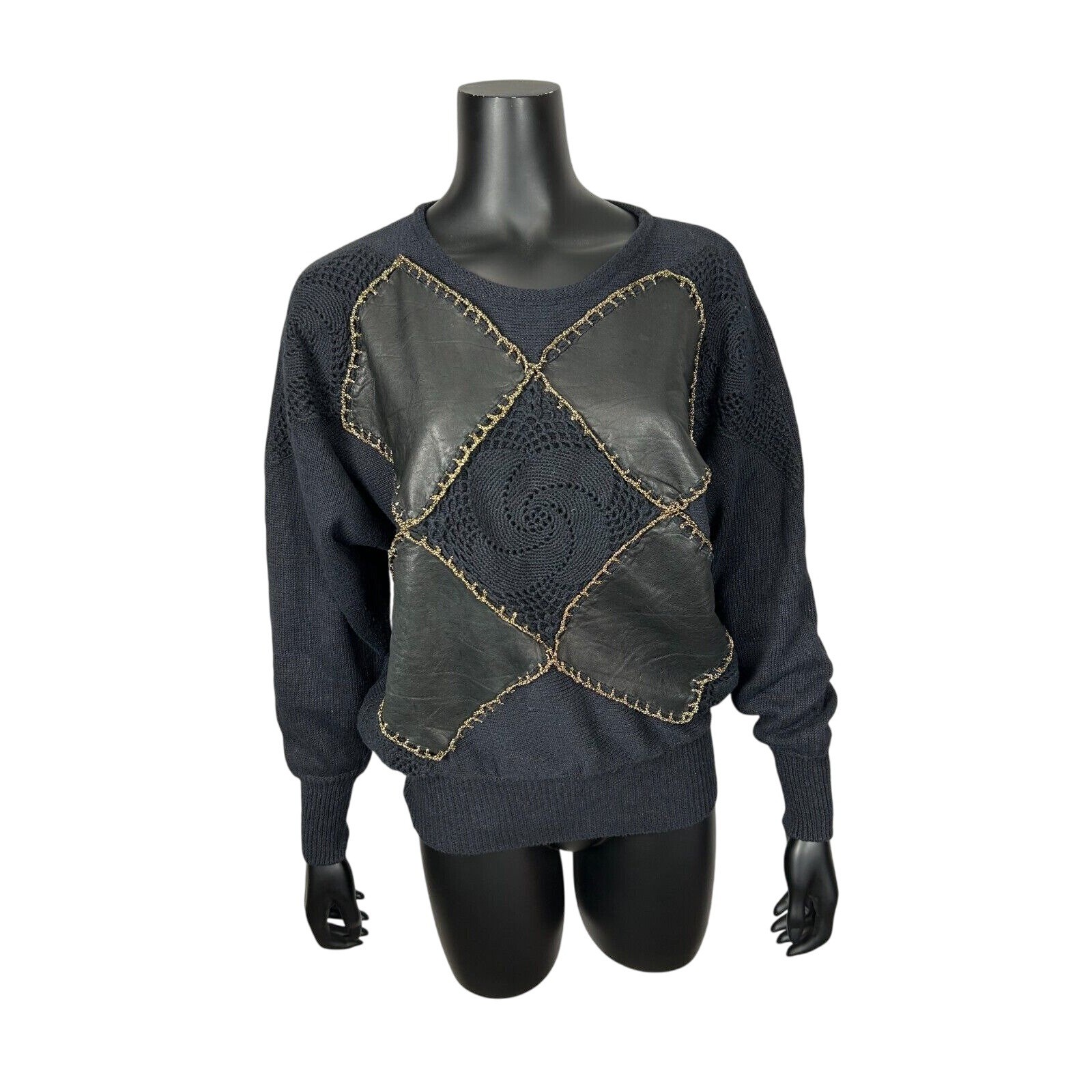 Andriano Black Sweater Patchwork Argyle Faux Leather Women’s Small Vegan Vintage