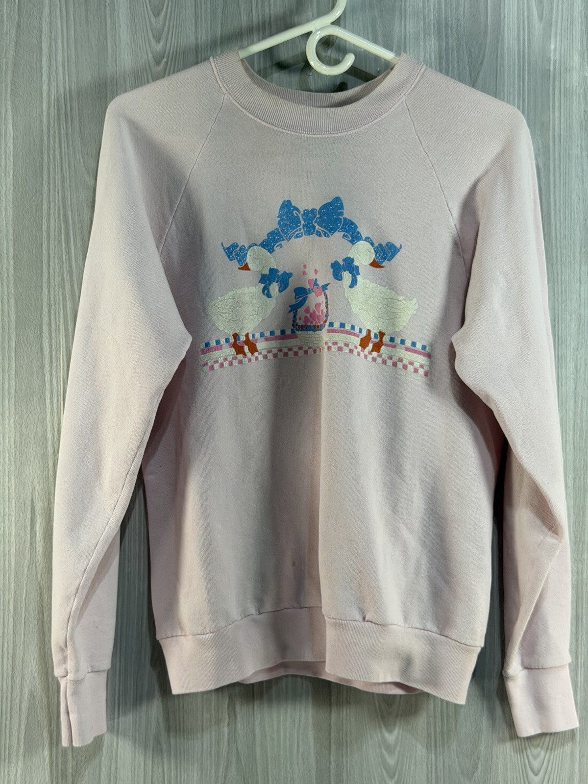 Vintage Country Geese Grandma Core 90s Sweatshirt Size L Pink Check Ribbon Mom