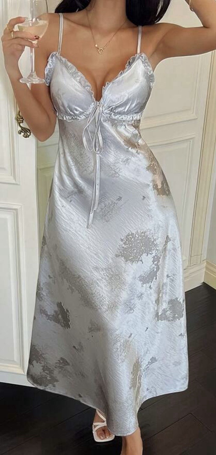 Silvery Baby Blue Satin LONG NIGHTGOWN Full Slip Cami GOWN Frill Bust XL NEW