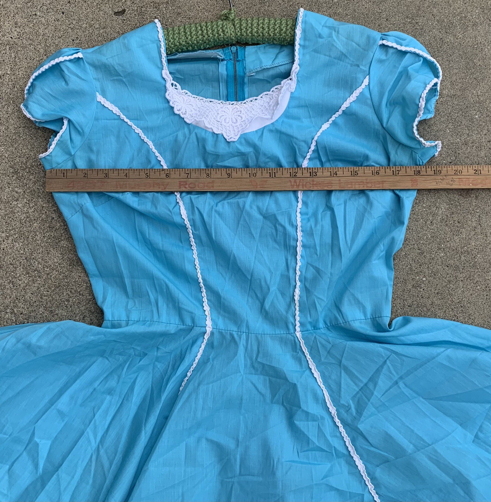 vintage square dance dancing dress with metal zipper blue with white accents