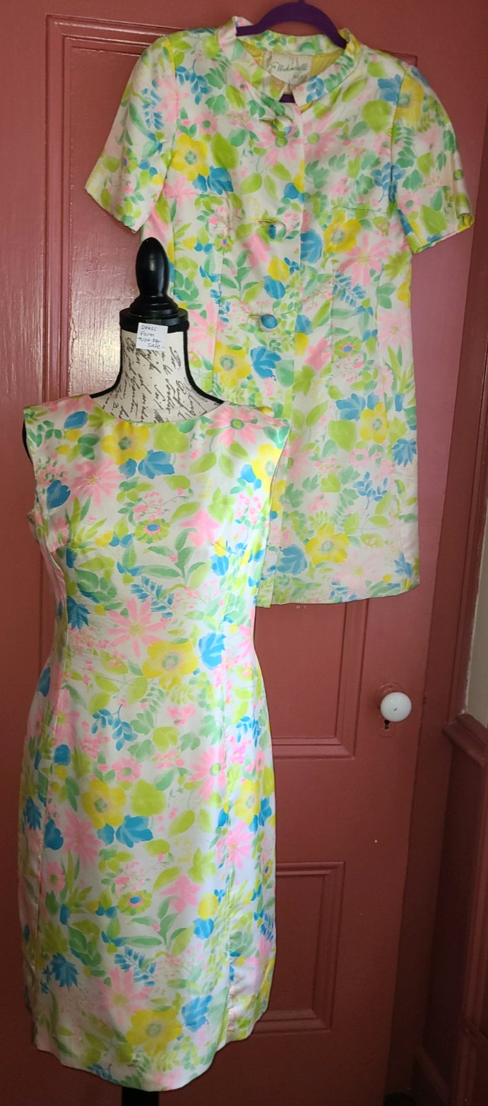 Vtg Nat Kaplan silk mod floral sleeveless sheath dress w jacket, approx size S/M