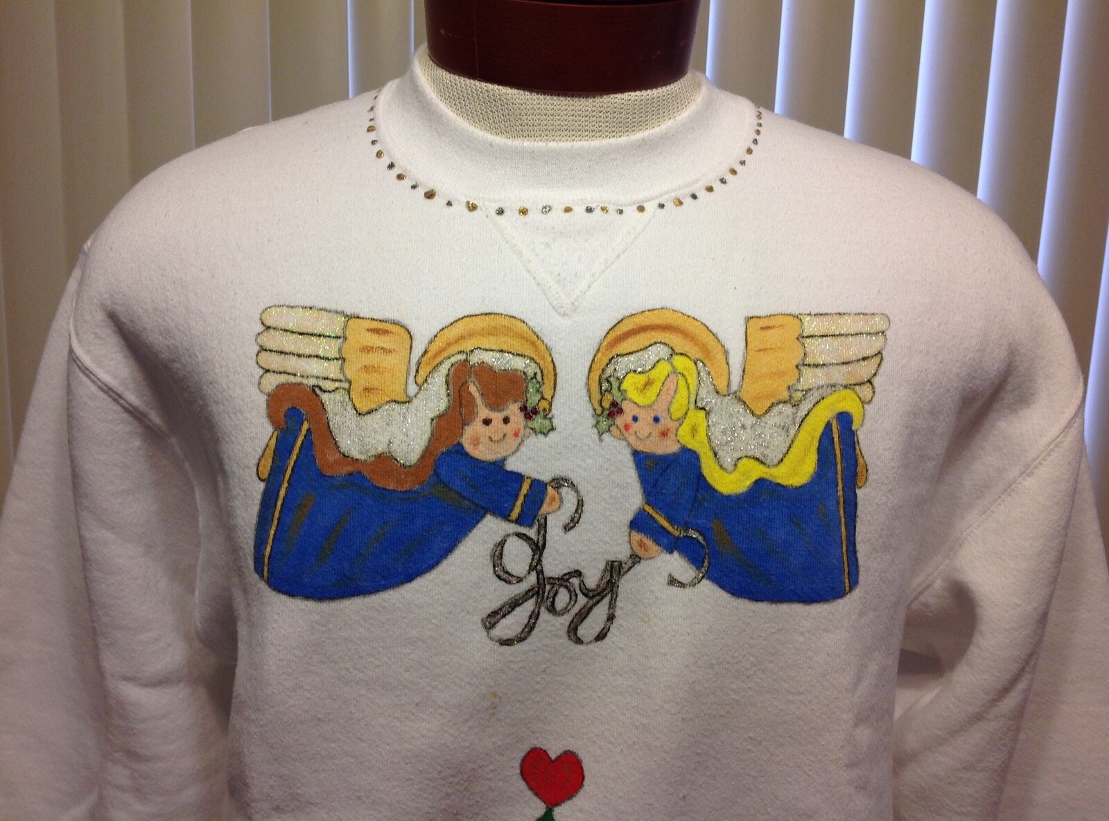 VTG 90s Ugly Christmas Sweater Sweatshirt White Hand Painted Russell Athletic M