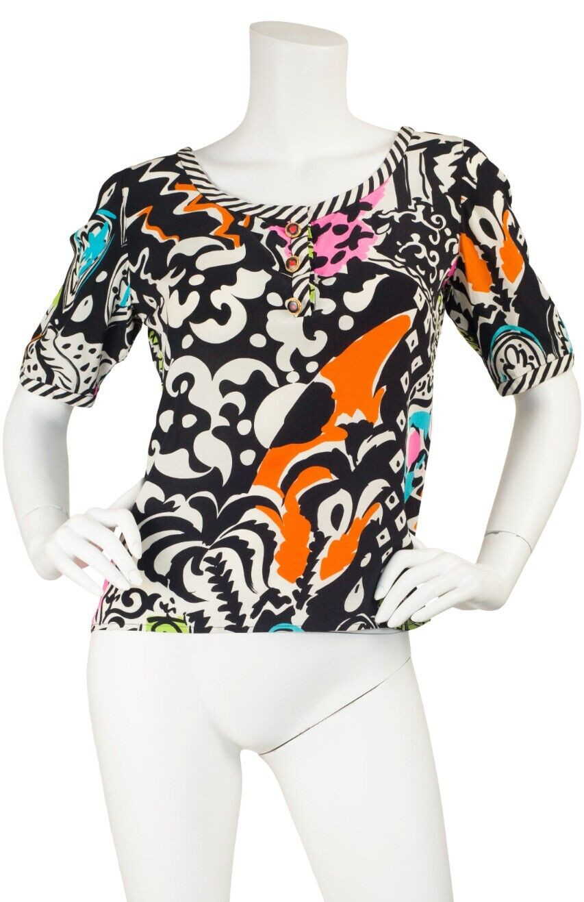 Emanuel Ungaro 1993 S/S Vintage Documented Abstract Silk Short Sleeve Blouse M L