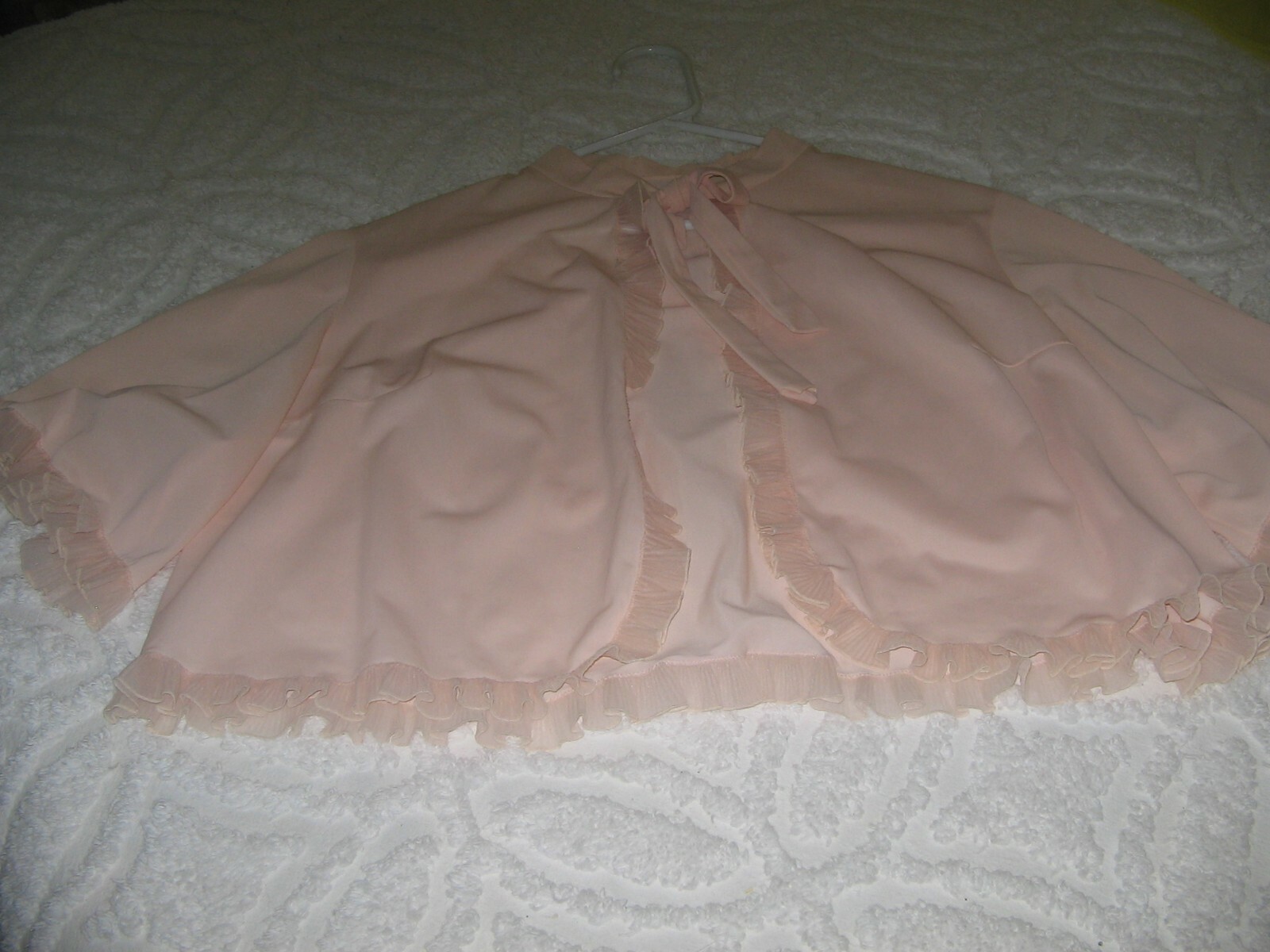 Vintage Vanity Fair Bed Jacket Large Nylon Peachy Pink Pleated Ruffle Sissy MCM