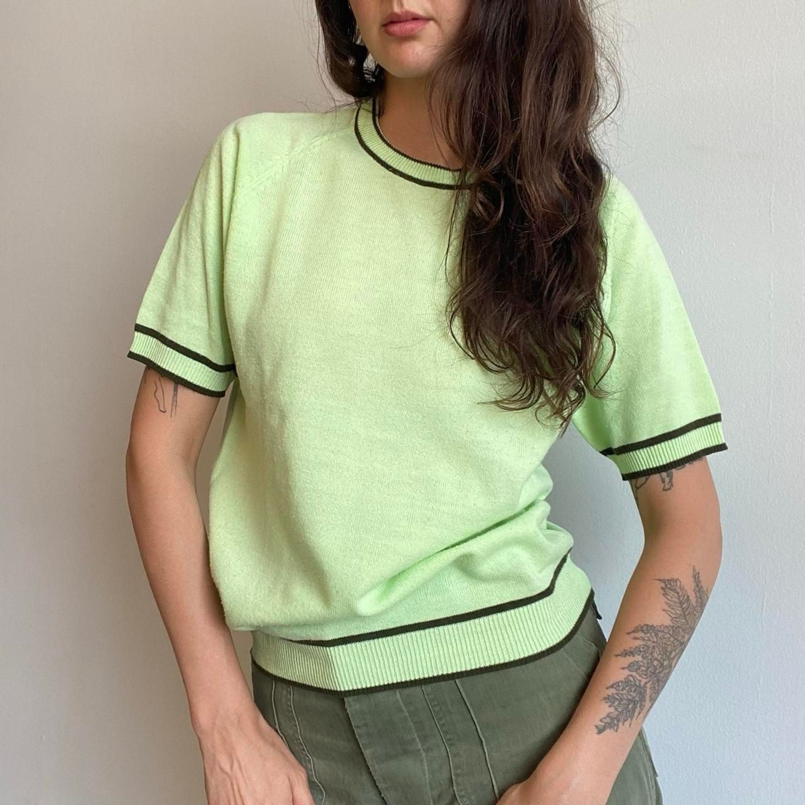 1960s acrylic bright pastel green short sleeve sweater