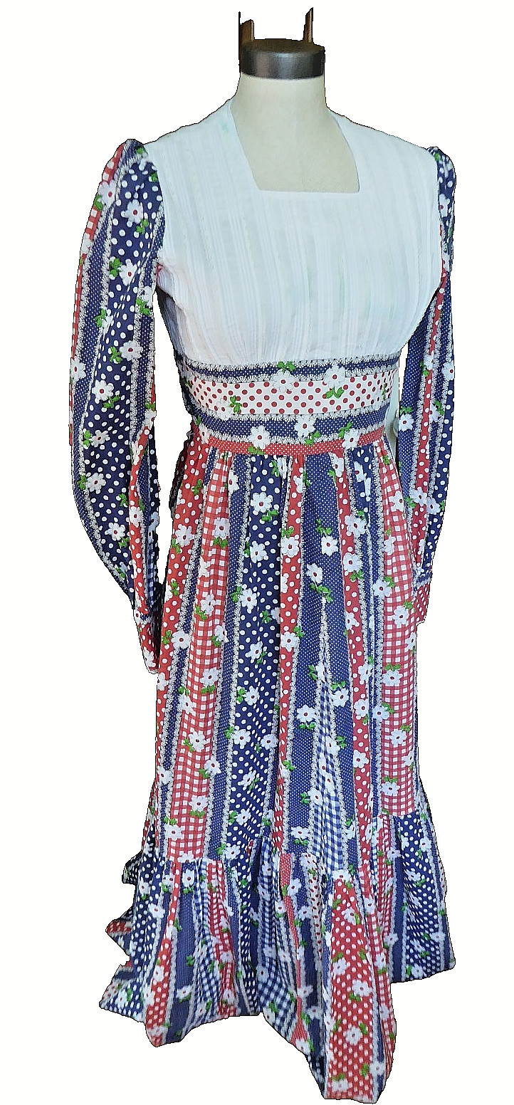 Vintage 70s Hand Made Floral Prairie Maxi Summer Sun Dress Lace Boho Hippie Sm